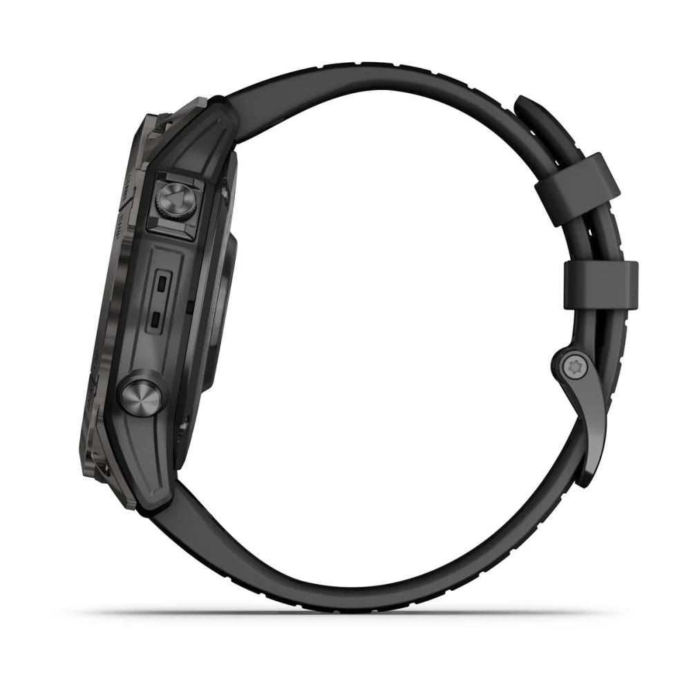 Garmin Fenix 7X Pro Sapphire Solar Edition smartwatch shown from the side, featuring a black band and rugged design.