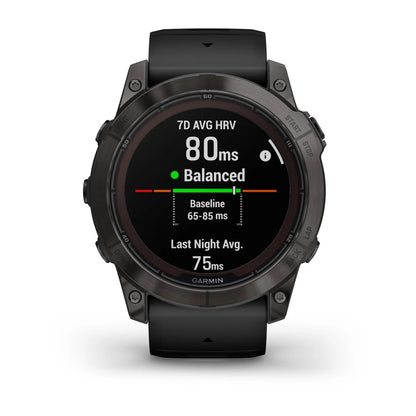 Garmin Fenix 7X Pro Sapphire Solar Edition displaying health metrics with an average heart rate variability of 80ms, indicating a balanced status.