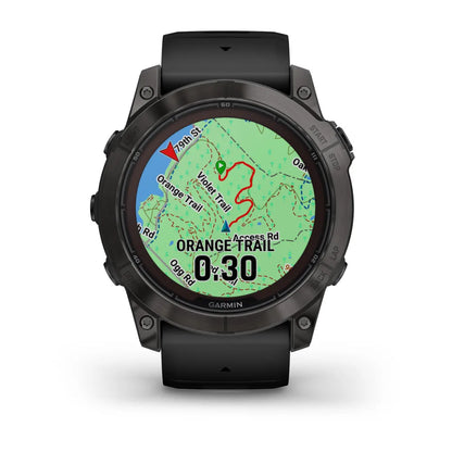 Garmin Fenix 7X Pro Sapphire Solar Edition smartwatch displaying a map with the Orange Trail and a timer.
