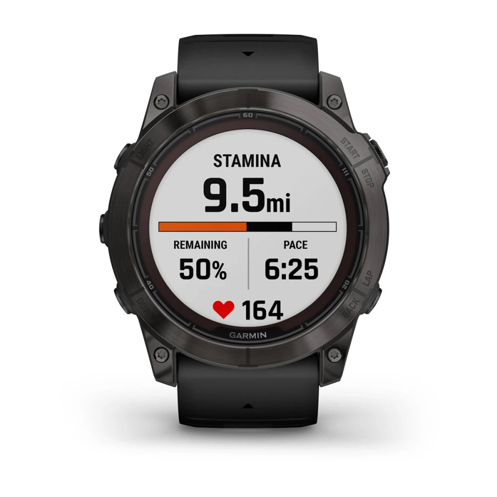 Garmin Fenix 7X Pro Sapphire Solar Edition smartwatch displaying stamina at 9.5 miles, remaining 50%, pace 6:25, and heart rate 164.