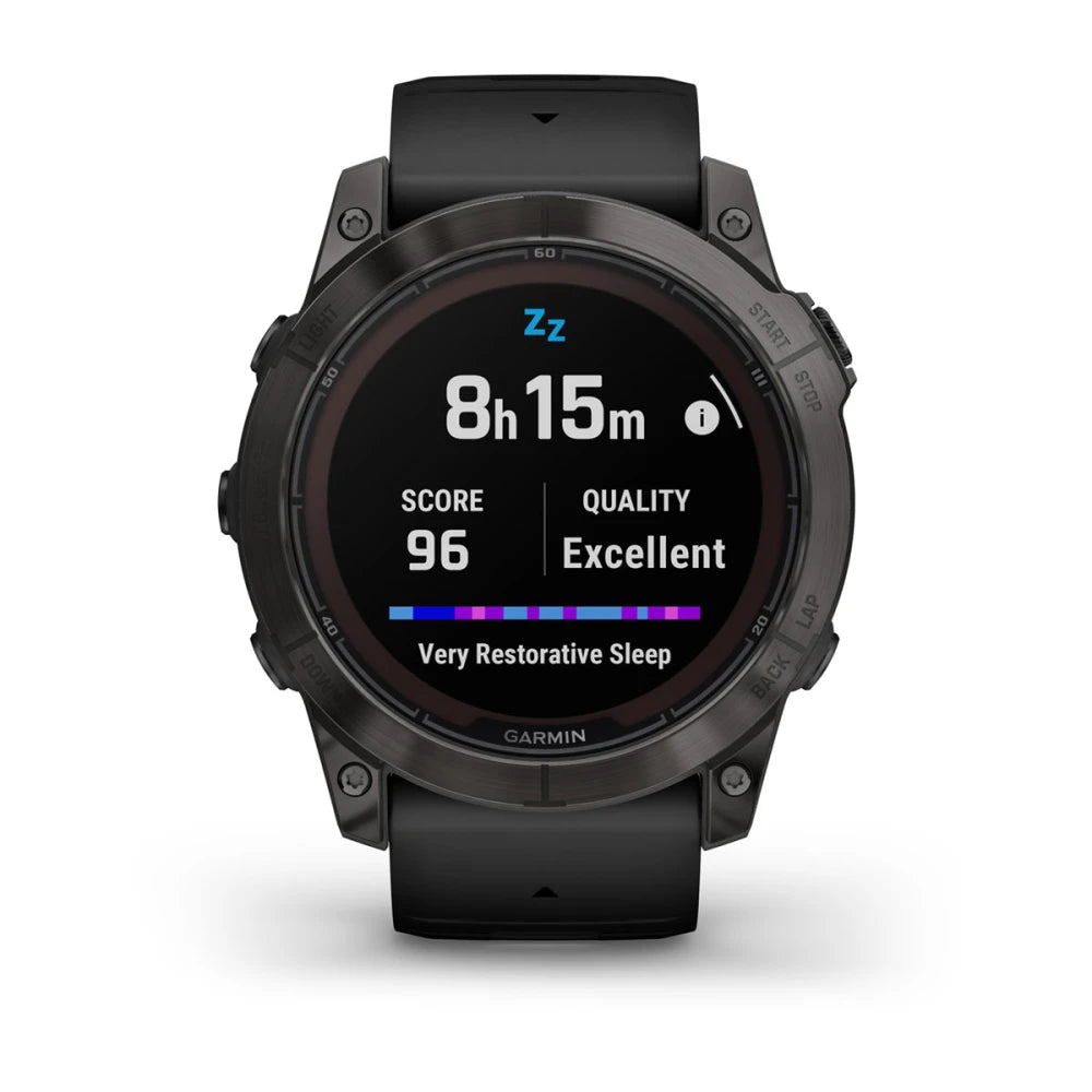 Garmin Fenix 7X Pro Sapphire Solar Edition smartwatch displaying sleep data with a score of 96 and quality rated as excellent.