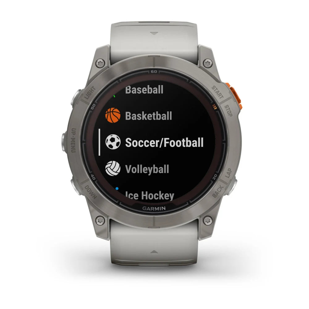 Garmin Fenix 7X Pro Sapphire Solar Edition smartwatch displaying options for various sports including Baseball, Basketball, Soccer/Football, Volleyball, and Ice Hockey.