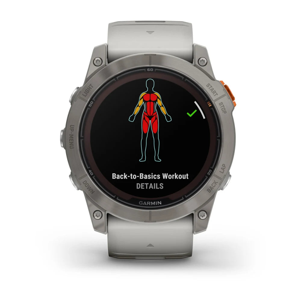 Garmin Fenix 7X Pro Sapphire Solar Edition smartwatch displaying a 'Back-to-Basics Workout' screen with a graphic of a human body highlighting muscle groups.