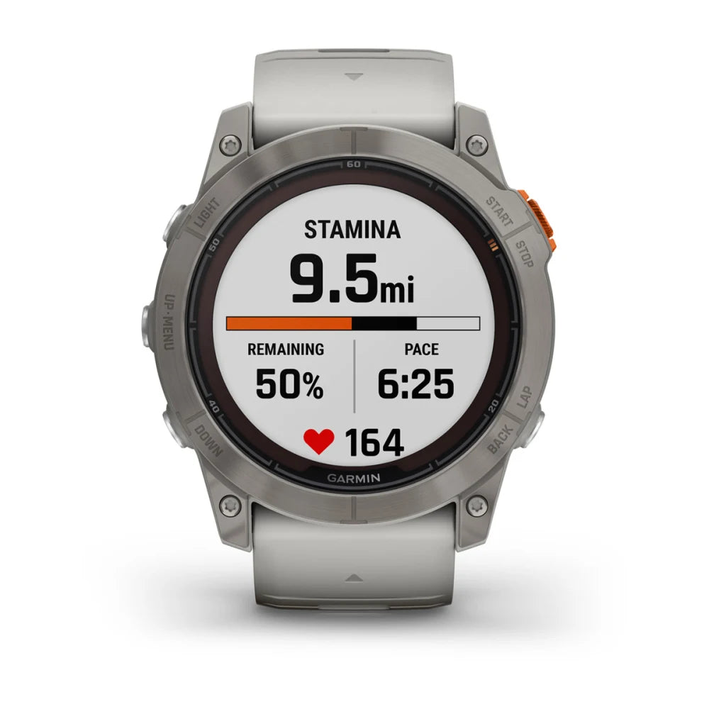 Garmin Fenix 7X Pro Sapphire Solar Edition smartwatch displaying stamina, distance of 9.5 miles, remaining stamina at 50%, pace of 6:25, and heart rate of 164.