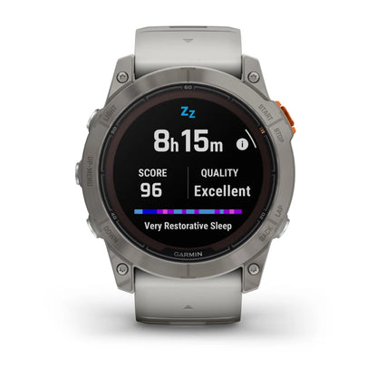 Garmin Fenix 7X Pro Sapphire Solar Edition displaying sleep data with a score of 96 and quality rated as Excellent.
