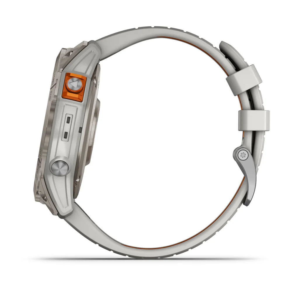 Side view of the Garmin Fenix 7X Pro Sapphire Solar Edition smartwatch, showcasing its sleek design and features.