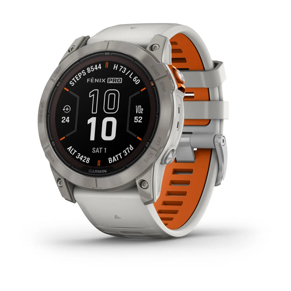 Garmin Fenix 7X Pro Sapphire Solar Edition smartwatch displaying various metrics on its screen, featuring a gray and orange strap design.