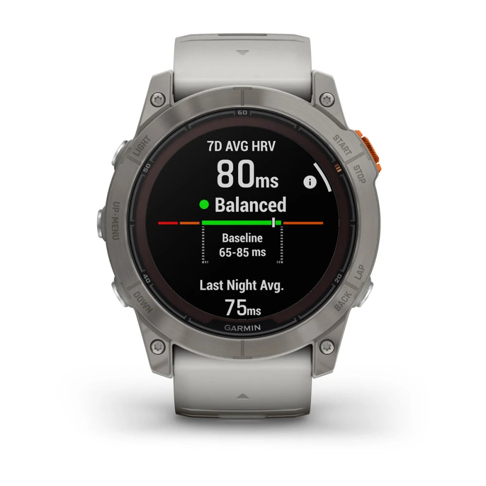 Garmin Fenix 7X Pro Sapphire Solar Edition displaying health metrics with an average heart rate variability of 80ms, labeled 'Balanced' on a black screen.