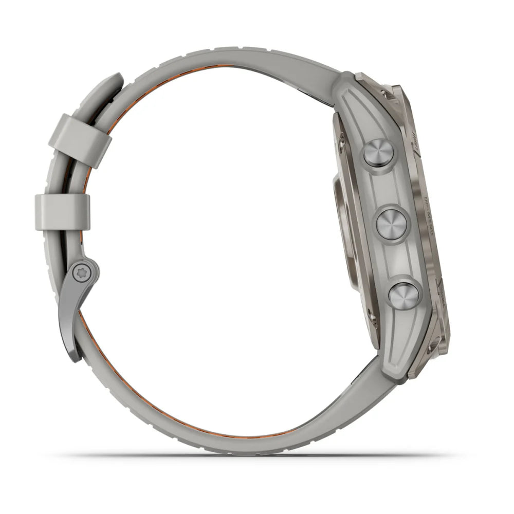 Garmin Fenix 7X Pro Sapphire Solar Edition smartwatch shown from the side, featuring a sleek design and multiple buttons.