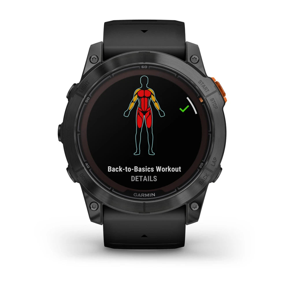 Garmin Fenix 7X Pro Solar Edition displaying a 'Back-to-Basics Workout' screen with an illustration of the human body highlighted in red and yellow.