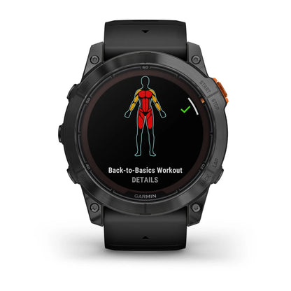 Garmin Fenix 7X Pro Solar Edition displaying a 'Back-to-Basics Workout' screen with an illustration of the human body highlighted in red and yellow.