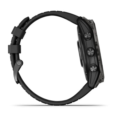 Side view of the Garmin Fenix 7X Pro Solar Edition smartwatch showcasing its sleek design and buttons.
