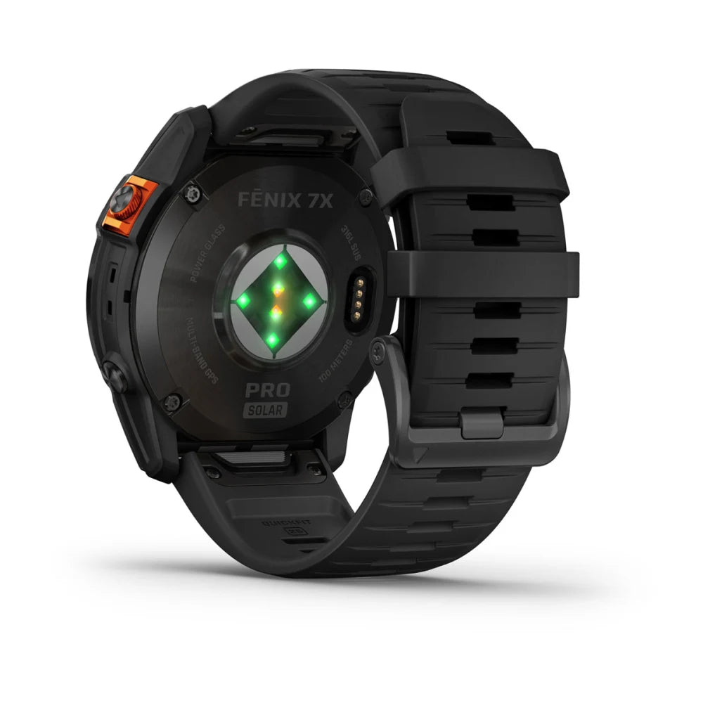 Garmin Fenix 7X Pro Solar Edition smartwatch showing the back with sensors and a black strap.
