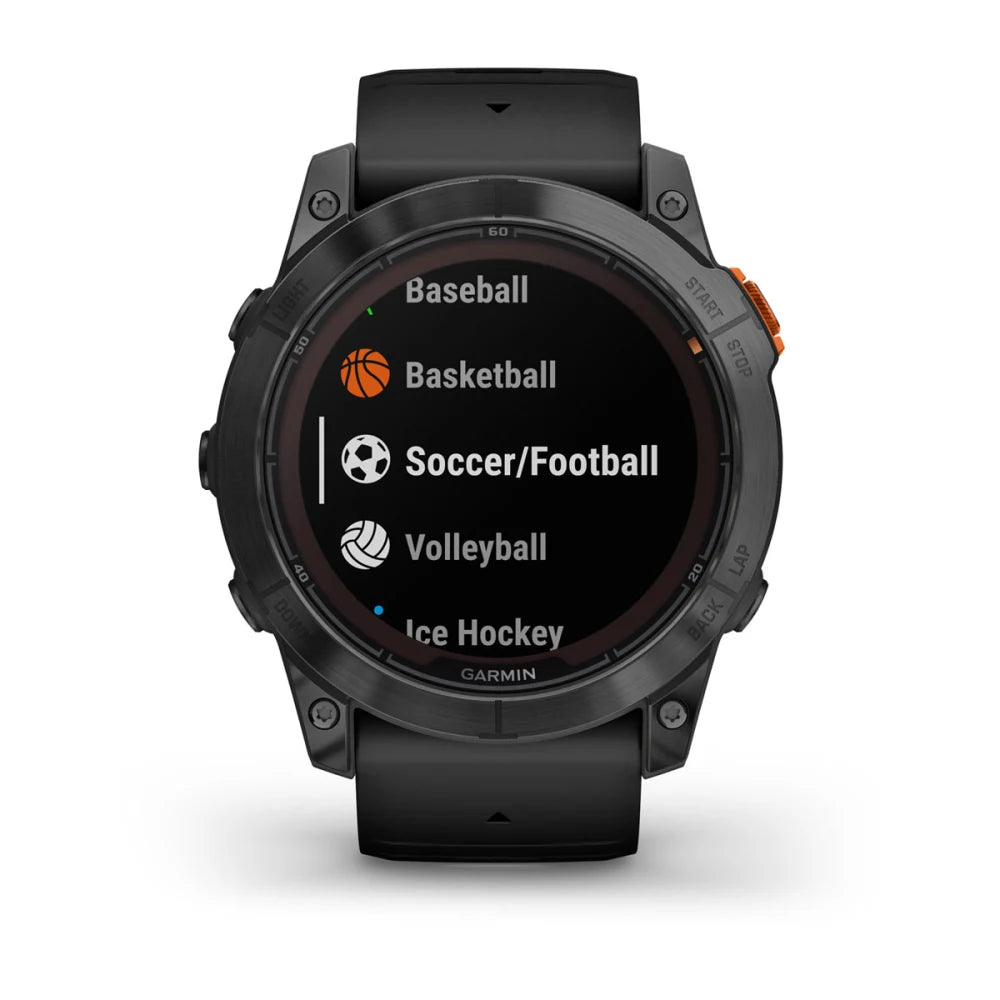 Garmin Fenix 7X Pro Solar Edition smartwatch displaying a selection of sports including baseball, basketball, soccer/football, volleyball, and ice hockey.