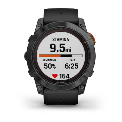Garmin Fenix 7X Pro Solar Edition smartwatch displaying stamina metrics, including 9.5 miles remaining, 50% stamina, pace of 6:25, and heart rate of 164.