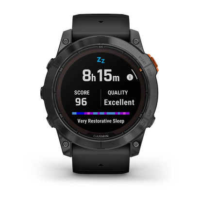 Garmin Fenix 7X Pro Solar Edition smartwatch displaying sleep data with a score of 96 and quality rated as excellent, showing a total sleep duration of 8 hours and 15 minutes.