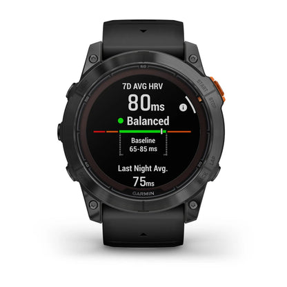 Garmin Fenix 7X Pro Solar Edition smartwatch displaying heart rate variability data with a reading of 80 ms and a balanced status.