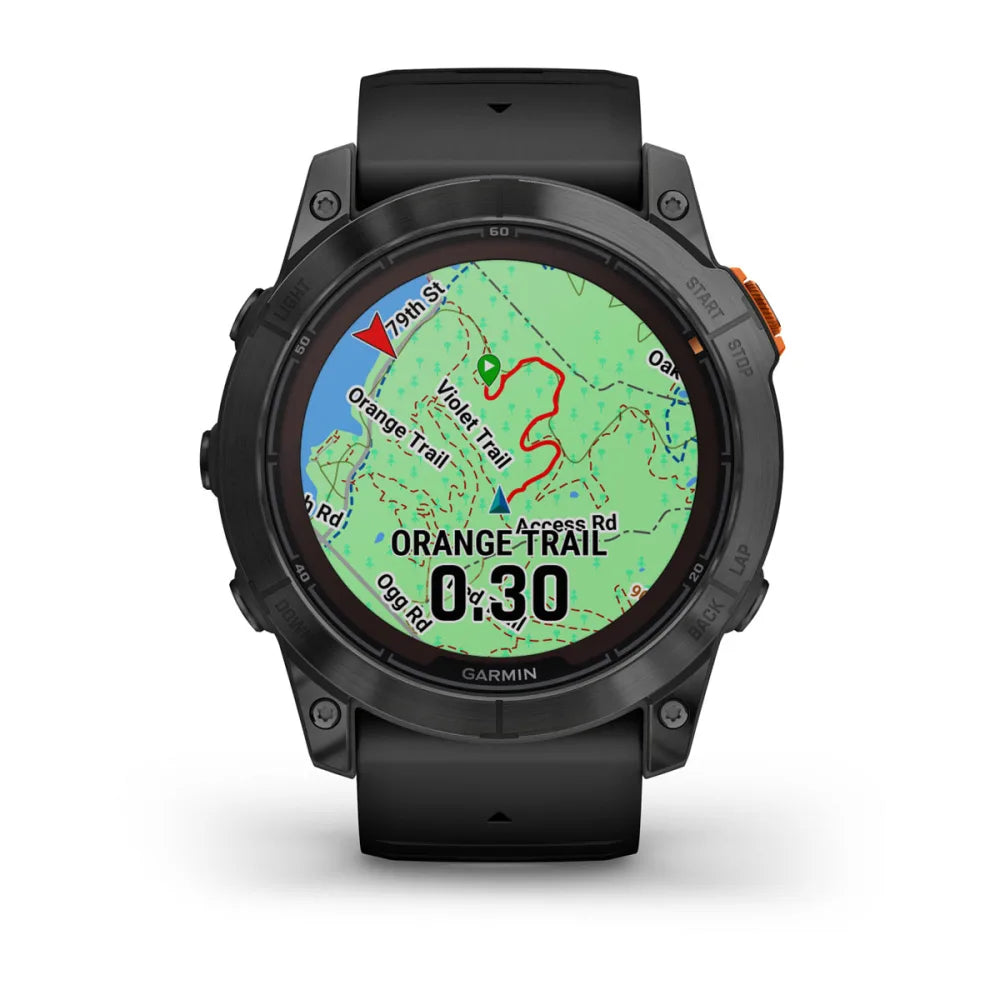 Garmin Fenix 7X Pro Solar Edition smartwatch displaying a map with Orange Trail and a timer showing 0:30.