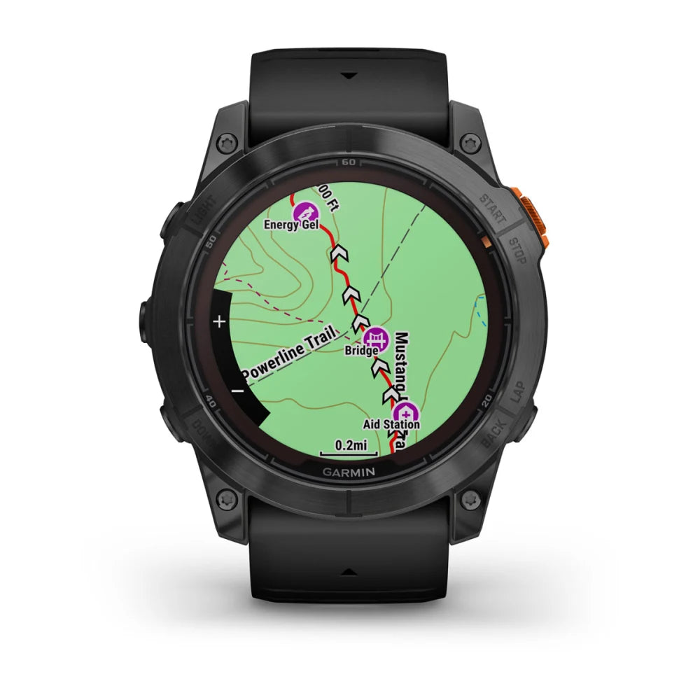 Garmin Fenix 7X Pro Solar Edition smartwatch displaying a detailed map with trail and landmark information.