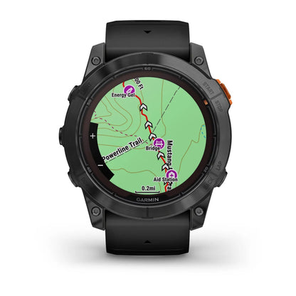 Garmin Fenix 7X Pro Solar Edition smartwatch displaying a detailed map with trail and landmark information.