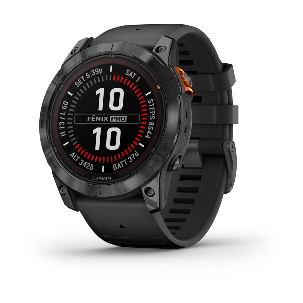 Garmin Fenix 7X Pro Solar Edition smartwatch displaying various metrics on its screen.