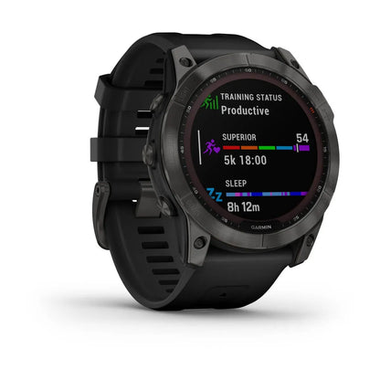 Garmin fēnix 7X Sapphire Solar – angled dial with solar indicator