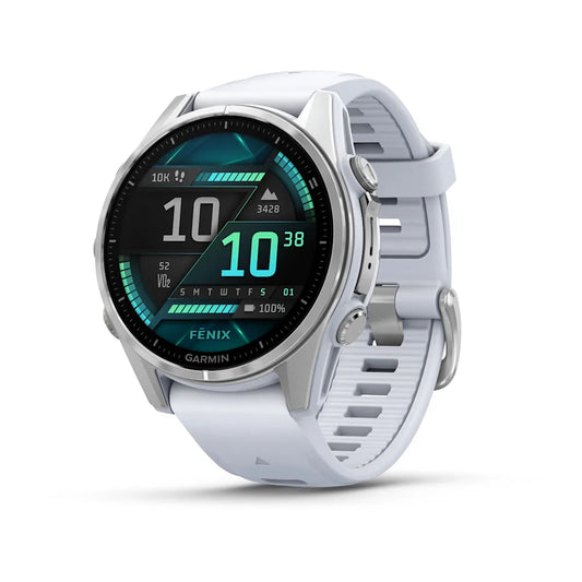 Garmin Fenix 8 AMOLED Edition smartwatch displaying various fitness metrics on a sleek black and teal interface with a white strap.
