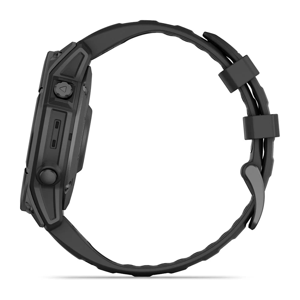 Side view of the Garmin Fenix E AMOLED Edition smartwatch showcasing its sleek design and buttons.