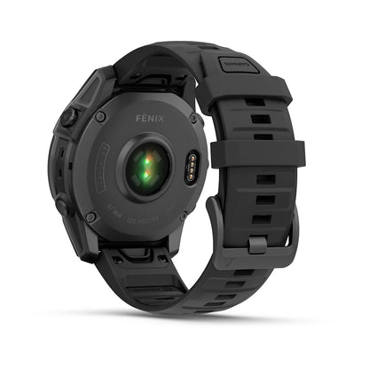 Back view of the Garmin Fenix E AMOLED Edition smartwatch showcasing the heart rate sensor and black strap.