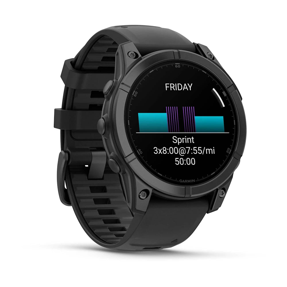 Garmin Fenix E AMOLED Edition smartwatch displaying a workout schedule for sprint training with time and pace details.
