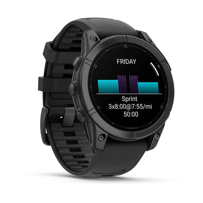 Garmin Fenix E AMOLED Edition smartwatch displaying a workout schedule for sprint training with time and pace details.