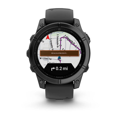 Garmin Fenix E AMOLED Edition smartwatch displaying a map with a Recalculating Route... message and a distance of 0.2 miles.
