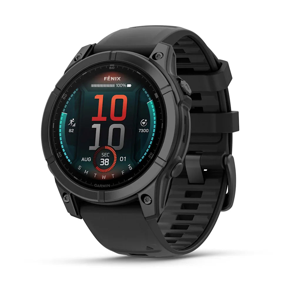 Garmin Fenix E AMOLED Edition smartwatch displaying time and fitness metrics on a vibrant screen with a black strap.
