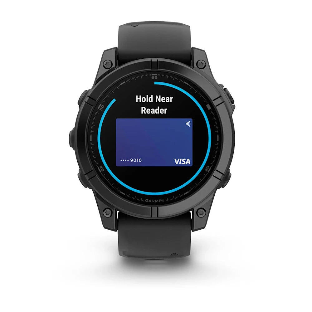 Garmin Fenix E AMOLED Edition smartwatch displaying a payment screen with the message 'Hold Near Reader' and a VISA logo.
