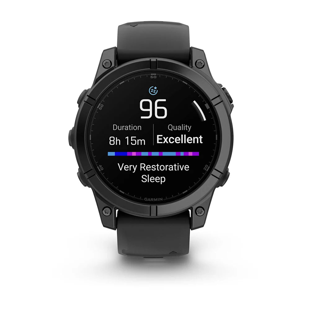 Garmin Fenix E AMOLED Edition smartwatch displaying sleep quality metrics, including a score of 96, duration of 8 hours and 15 minutes, and a label indicating 'Very Restorative Sleep.'