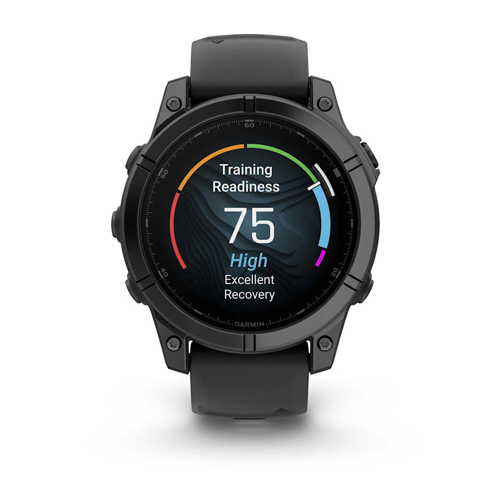 Garmin Fenix E AMOLED Edition smartwatch displaying a training readiness score of 75, indicating high recovery status.