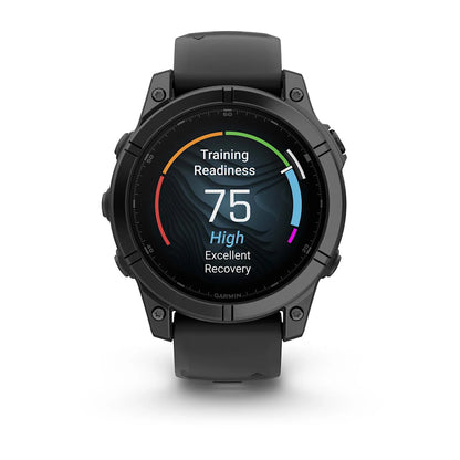 Garmin Fenix E AMOLED Edition smartwatch displaying a training readiness score of 75, indicating high recovery status.