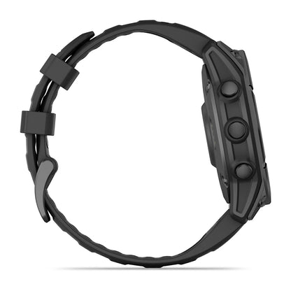 Side view of the Garmin Fenix E AMOLED Edition smartwatch, featuring a sleek design and multiple buttons.