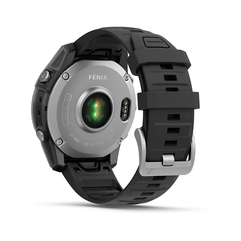 Back view of the Garmin Fenix E AMOLED Edition smartwatch, showcasing its black strap and sensor.