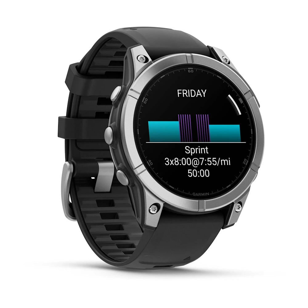 Garmin Fenix E AMOLED Edition smartwatch displaying a workout schedule with sprint intervals on a black strap.