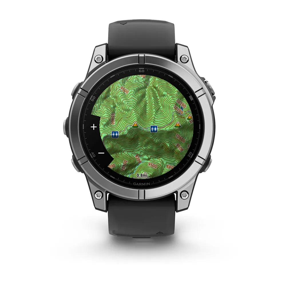 Garmin Fenix E AMOLED Edition smartwatch displaying a topographic map with contour lines and elevation markers.
