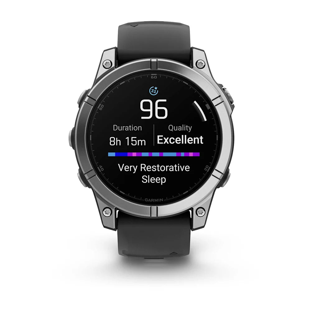 Garmin Fenix E AMOLED Edition smartwatch displaying sleep quality metrics with a score of 96, indicating excellent restorative sleep, and showing a duration of 8 hours and 15 minutes.