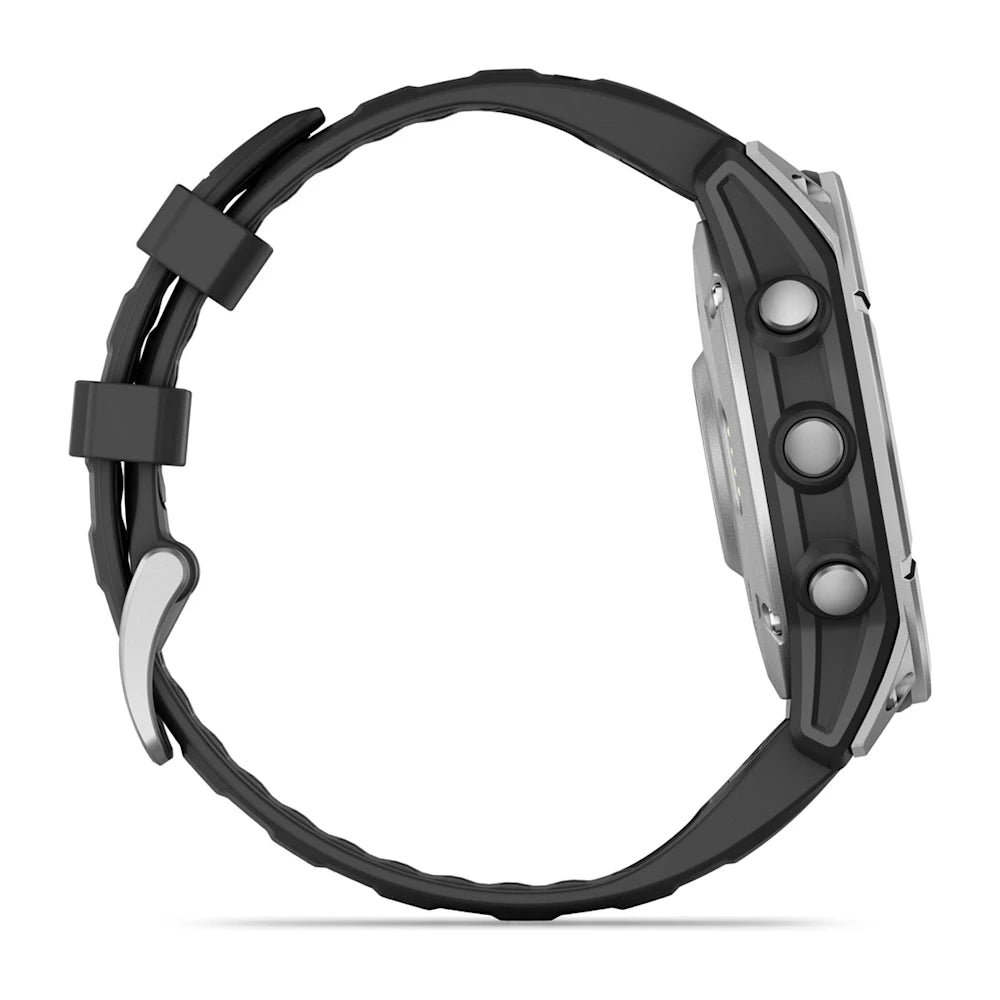 Side view of the Garmin Fenix E AMOLED Edition smartwatch with a black strap and silver accents.