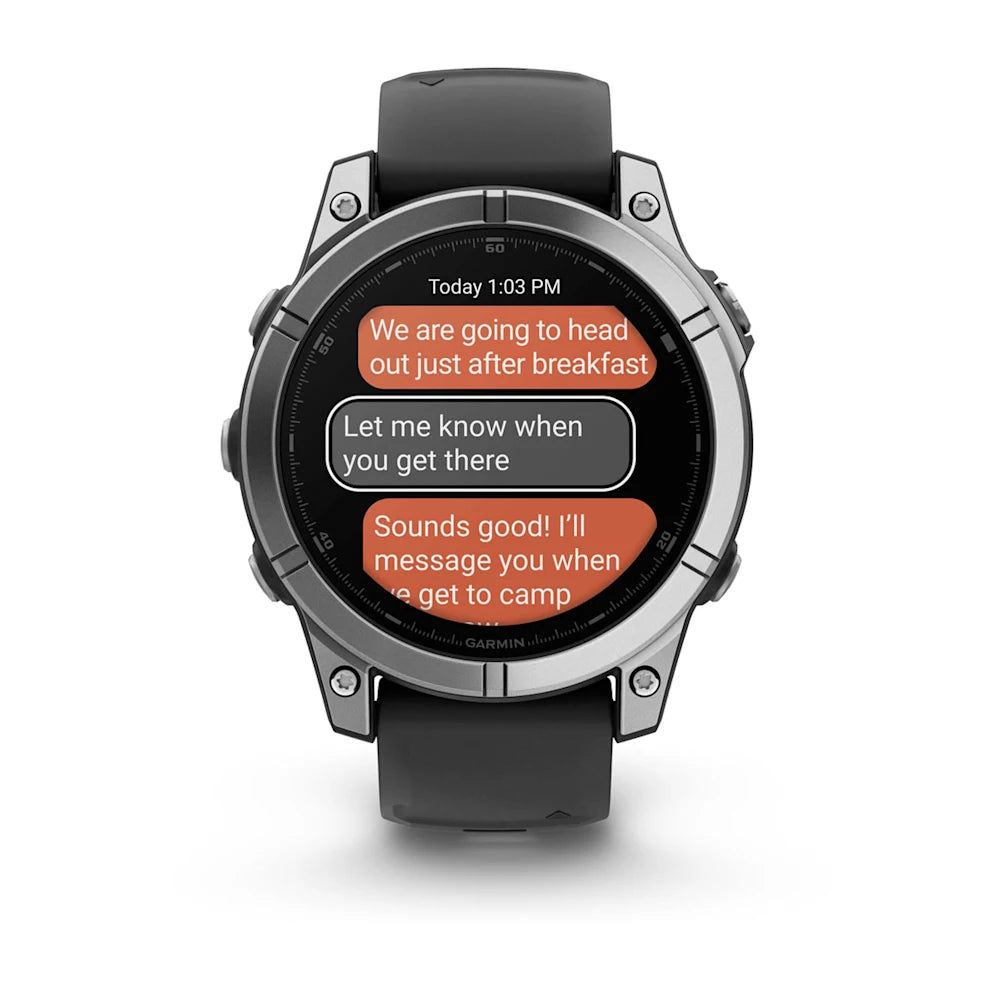 Garmin Fenix E AMOLED Edition displaying text messages on its screen, indicating communication about a planned outing.