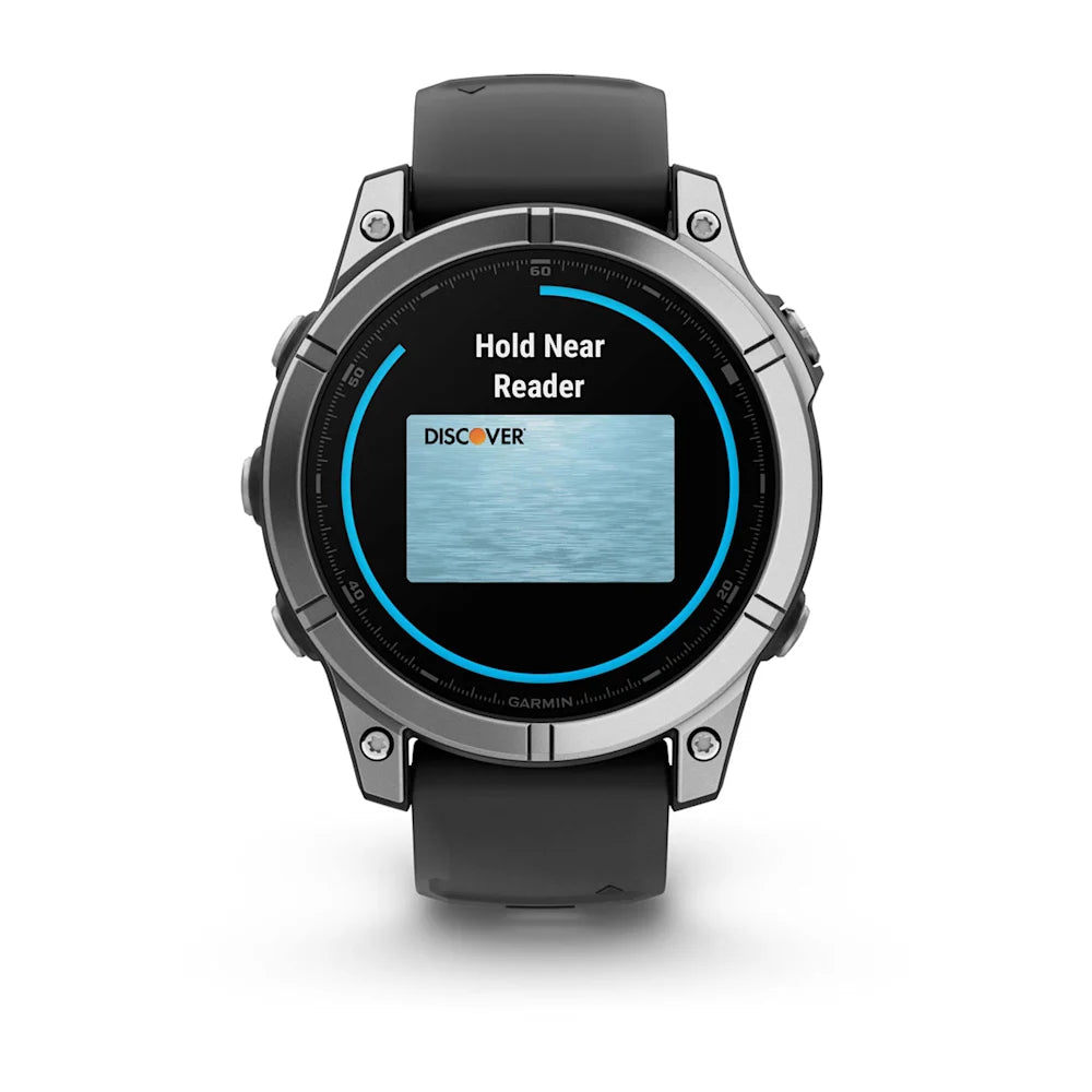 Garmin Fenix E AMOLED Edition smartwatch displaying a screen with the message 'Hold Near Reader' and a blue background.