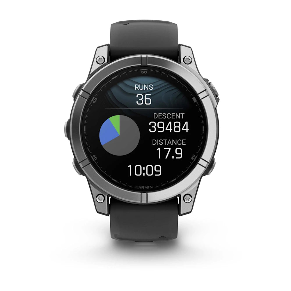 Garmin Fenix E AMOLED Edition smartwatch displaying running statistics, including total runs, descent, distance, and time.