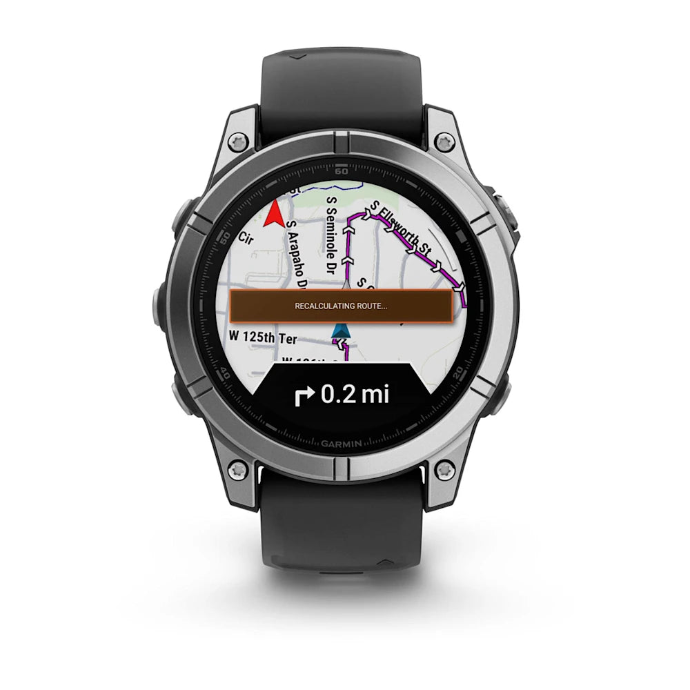 Garmin Fenix E AMOLED Edition smartwatch displaying a map with a 'recalculating route' notification and distance of 0.2 miles.