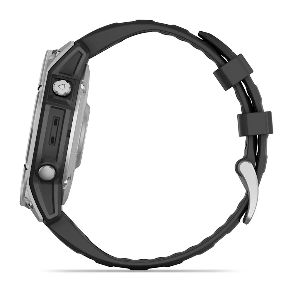 Garmin Fenix E AMOLED Edition smartwatch shown from the side, featuring a sleek design and black strap.