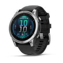 Garmin Fenix E AMOLED Edition smartwatch displaying time and fitness metrics on a vibrant screen with a black strap.