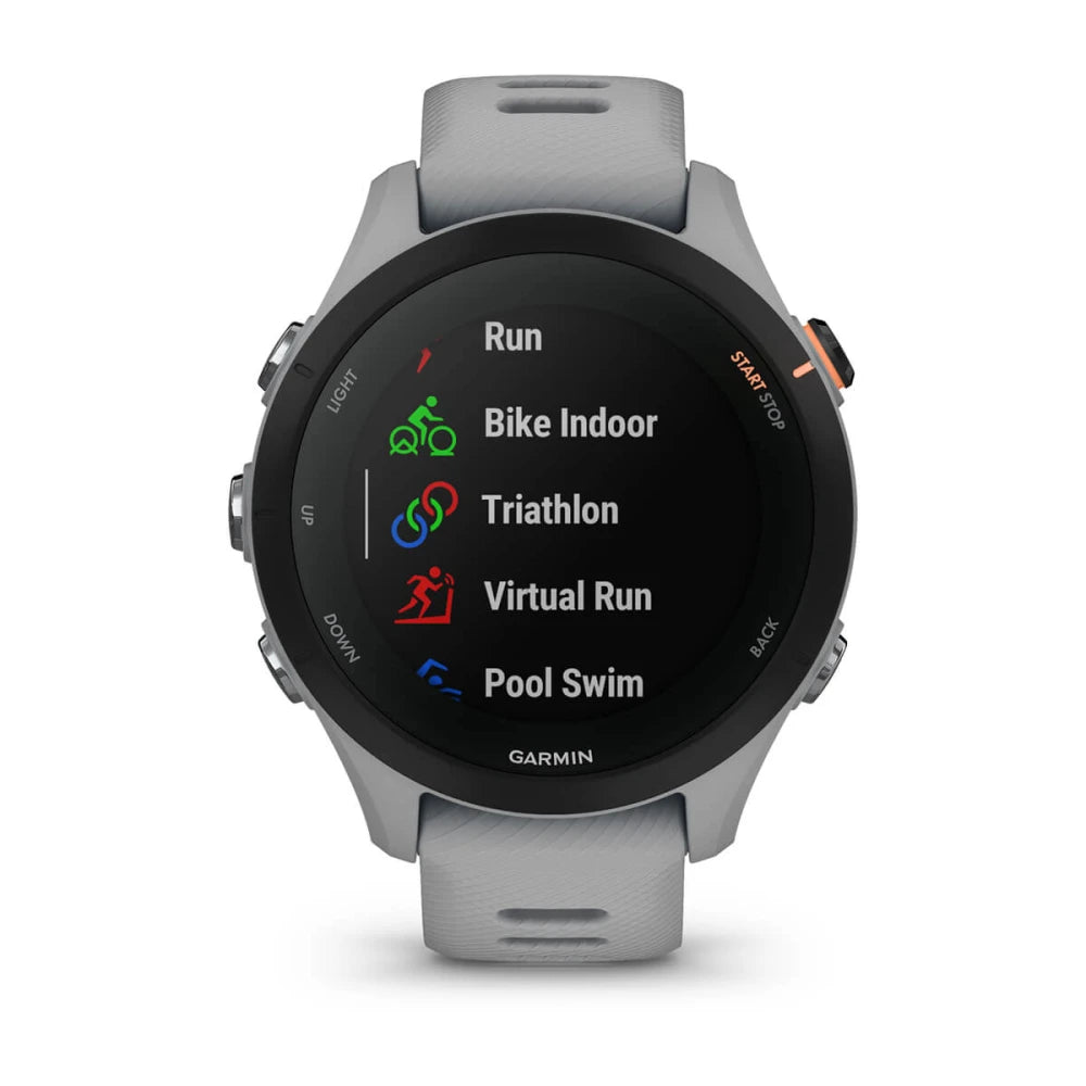 Garmin Forerunner 255S smartwatch displaying various activity modes including Run, Bike Indoor, Triathlon, Virtual Run, and Pool Swim.